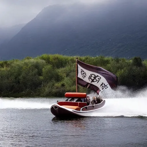 Prompt: speedboat that looks like a viking ship sailing down a river