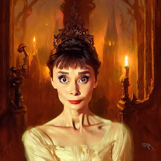 Prompt: audrey hepburn inside haunted mansion, various scenarios, looking for the way out, ghosts around, highly detailed, digital painting, artstation, art by gaston bussiere, greg rutkowski, j. c. leyendecker, robert hubert