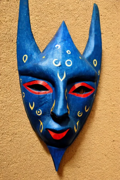 Image similar to a flat carved wooden elf mask face, staring real goat eyes, outer glow, dark blue background with stars shapes vividly coloured, highly detailed, vintage european folk art, colour photograph