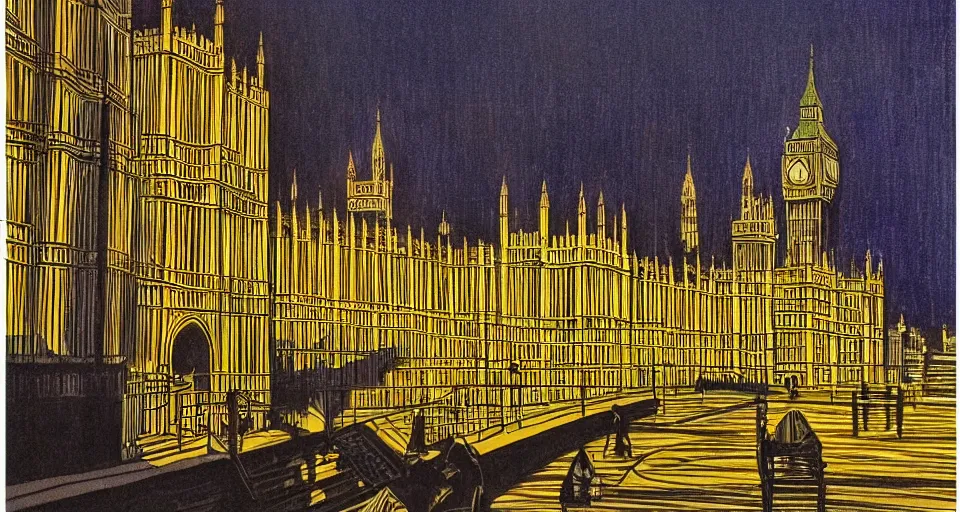 Prompt: london houses of parliament, highly detailed, dramatic lighting, intense shadows, rich deep colours, by roy lichtenstein