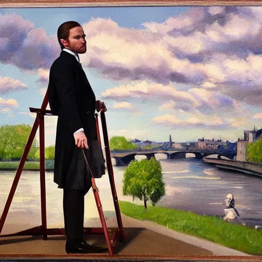 Prompt: mcgregor is dressed as a gentleman at early 2 0 th century paris. he is watching an easel. that easel has a canvas on it. ewan mcgregor has a brush on his hand. he is painting a painting. realistic painting with strong outlines. background has river seine, morning sun, dark clouds, by jack kirby