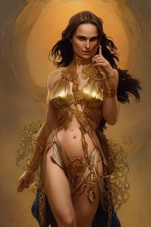 Image similar to natalie portman as dejah thoris, painted by nekro, alphonse mucha, dark - fantasy, intricate detail, artstation, cgsociety, rococo, gold leaf art