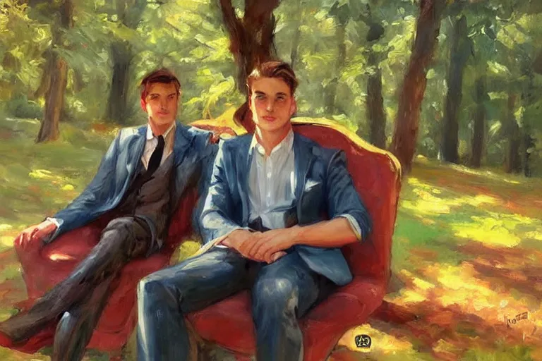 Image similar to 2 attractive men sitting on a coach in forest, painting by vladimir volegov, tom of finland, trending on artstation