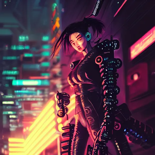 Image similar to candid action image of a fierce dangerous female cyberpunk hacker samurai in neotokyo at night, futuristic cyberpunk tokyo night, sci - fi and fantasy, intricate and very beautiful, highly detailed, digital painting, artstation, concept art, smooth and sharp focus, illustration, art by tian zi and wlop and alphonse mucha