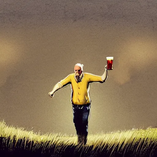 Image similar to a Scottish man holding a pint of beer in the middle of an empty field, In the back ground of the frame is a beautiful landscape., physically accurate, dynamic lighting, intricate, elegant, highly detailed, digital painting in the style of very very artist illustrator ralph steadman, sharp focus, illustration