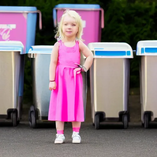 Image similar to a small blonde girl in front of some wheelie bins wearing a pink dress