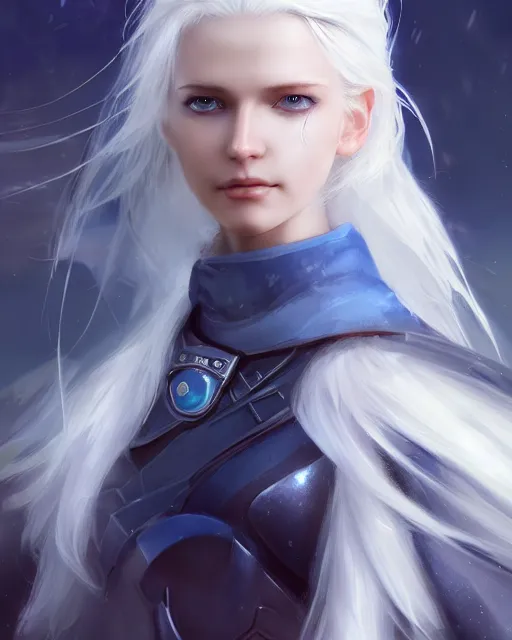 Prompt: perfect white haired girl, ethereal armor, beautiful, pretty face, blue eyes, detailed, windy weather, scifi, platform, laboratory, experiment, 4 k, ultra realistic, epic lighting, high detail, masterpiece, by akihito tsukushi, charlie bowater, ross tran
