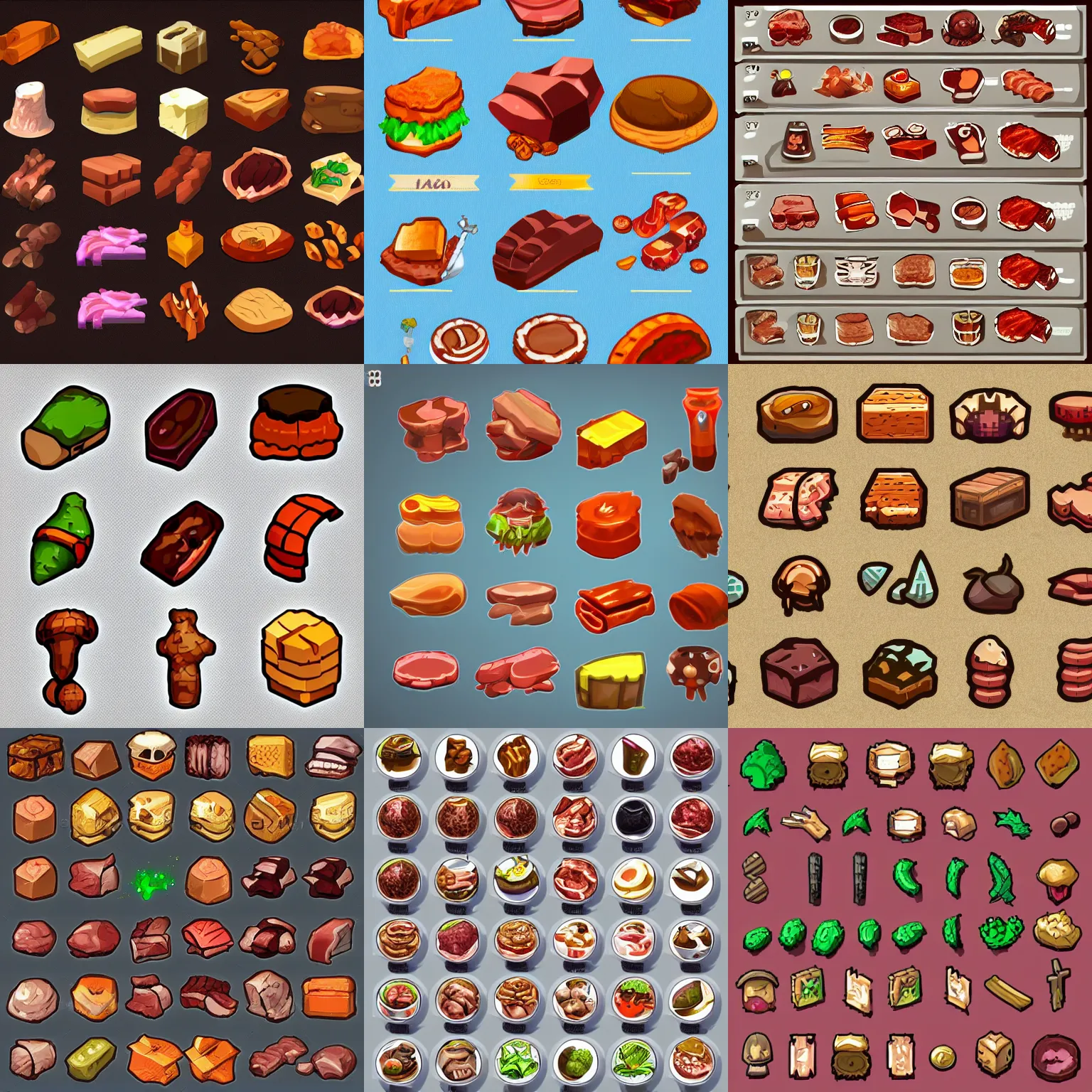 Prompt: collection of ui meat icon sprites, rpg, game dev art