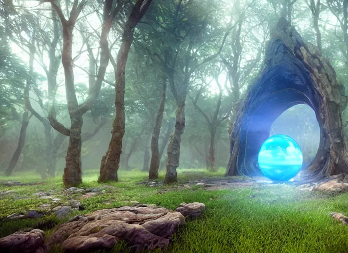 Prompt: portal tree on a luminescent crystal biome that looks like a movie shot by pixar, ultra detailed, fantasy, hyper realism, art, smooth, beautiful art, masterpiece, landscape, cinematic, wet reflections, ray tracing x, rtx, smooth