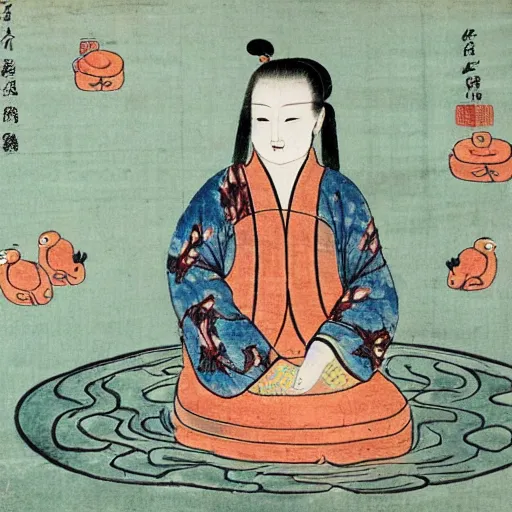 Prompt: ancient chinese drawing of a girl and a lot of rubber ducks in a pond