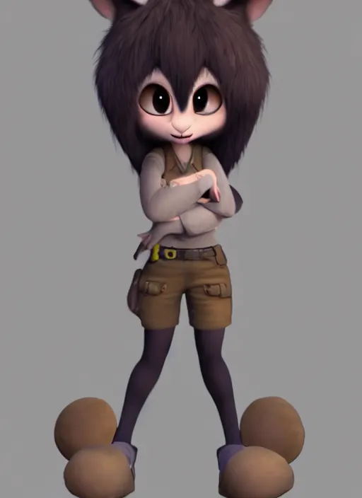 Image similar to female furry mini cute style, character adoptable, highly detailed, rendered, ray - tracing, cgi animated, 3 d demo reel avatar, style of maple story and zootopia, maple story rat girl, grey rat, dark skin, soft shade, soft lighting