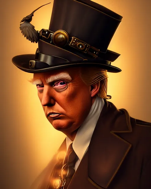 Prompt: steampunk donald trump portrait, handsome, steampunk hat, detective coat, steampunk monocle, complex 3 d render by ilya kuvshinov, peter mohrbacher, greg rutkowski, ryohei hase, dramatic lighting, intricate, highly detailed, sharp focus, luminous, unreal engine, blender, artstation, masterpiece, ray tracing