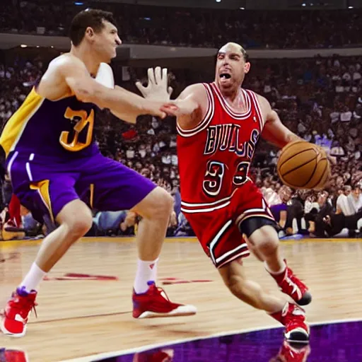 Image similar to a basket ball game between chicago bulls and la lakers