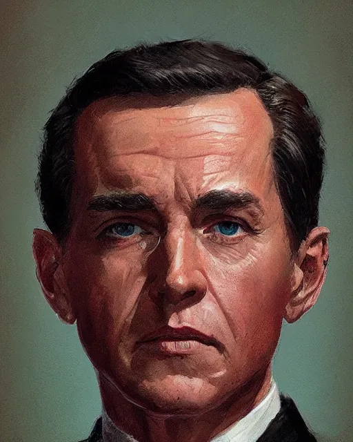 Prompt: portrait of a 1 9 6 2 united states president, who is a young man a scholarly appearance, detailed face, 2 0 th century, highly detailed, cinematic lighting, digital art painting by greg rutkowski