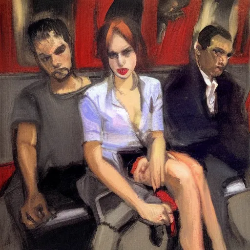 Prompt: demons sitting in a subway train portrait by malcolm liepke