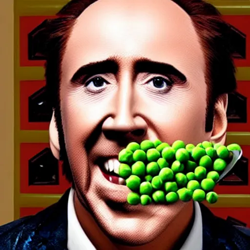 Image similar to nicolas cage trapped in a wicker cage with peas on his face, dying