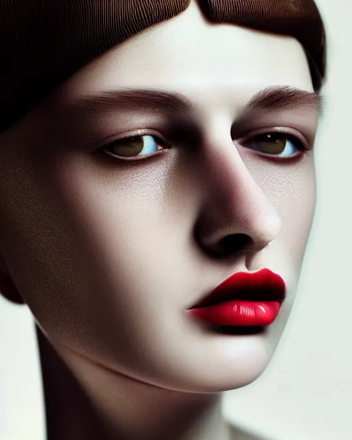 Image similar to woman, thin long nose, medium lips, wheat hair, close - up, high sharpness, zeiss lens, fashionable bruno dayan, erik madigan heck, helmut, karl lagerfel, artistic, hyper - realistic, beautiful face, octane rendering