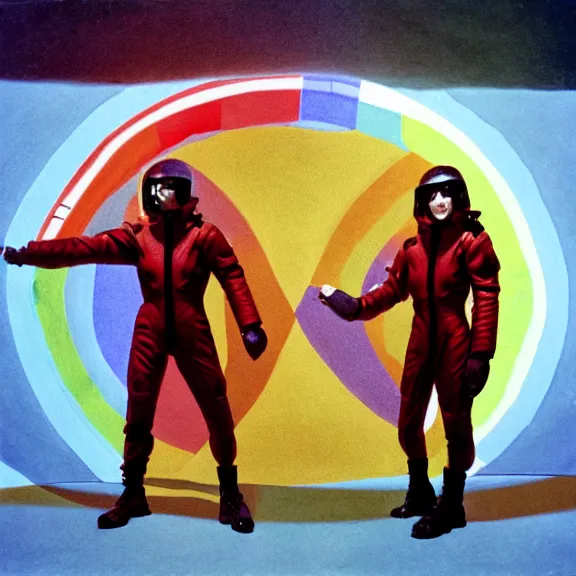 Prompt: two time pilots wearing red rick owens flight suits inside the glowing geometric rainbow portal to the sixth dimension by frank frazetta