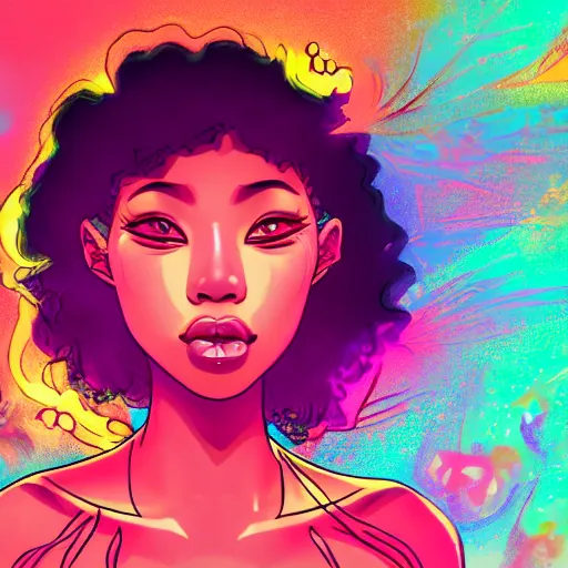 Prompt: beautiful blasian woman raps into microphone, hip hop vaporwave, abstract background, neon, beautiful eyes, full lips, highest quality, professional artist, Zeronis, detailed, 4k