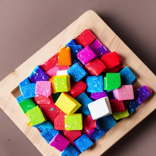 Image similar to photograph of a rainbow marshmallow cube with sprinkles on a dark wooden chopping board, hessian cloth, styled food photography, photorealistic, 4 k