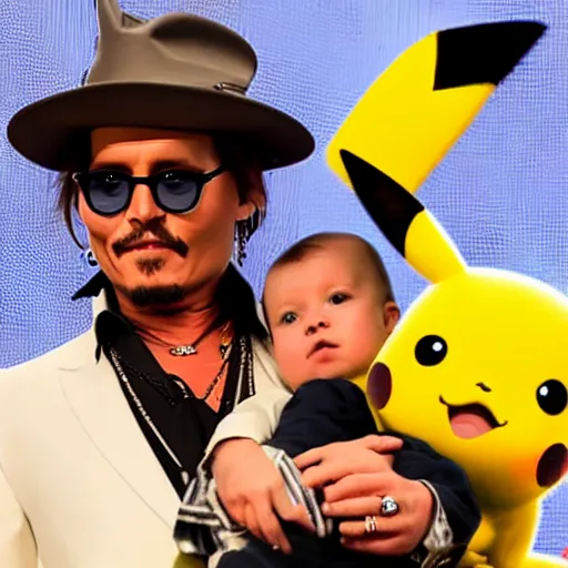 Image similar to johnny depp holding a baby pikachu