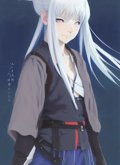 Image similar to a full body portrait of a japanese gray hair, adventurer young lady, with white hair and bangs!!!!, blue eyes, finely detailed features, closeup at the faces, perfect art, gapmoe yandere grimdark, trending on pixiv fanbox, painted by greg rutkowski makoto shinkai takashi takeuchi studio ghibli, akihiko yoshida,