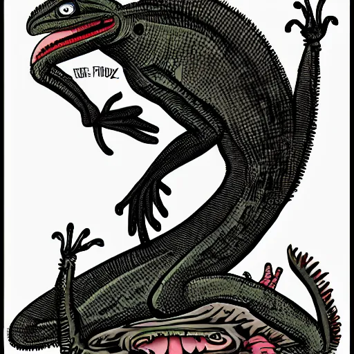 Prompt: lizard flamingo hybrid, muppet punk, basil wolverton style, hr giger style, disney style