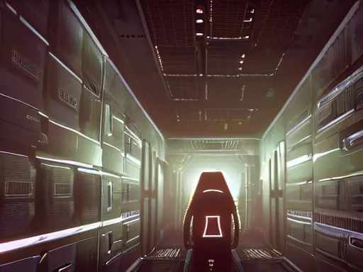 Image similar to symmetrical anthropomorphic android working in sci - fi data center room. cinematic shot from alien isolation