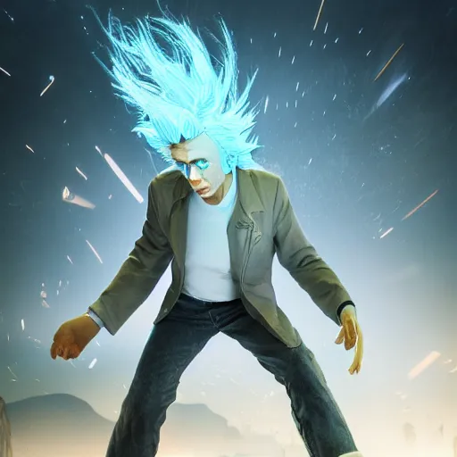 Image similar to full body pose, hyperrealistic photograph of a rick sanchez, dim volumetric lighting, 8 k, octane beautifully detailed render, extremely hyper detailed, intricate, epic composition, cinematic lighting, masterpiece, trending on artstation, very very detailed, stunning, hdr, smooth, sharp focus, high resolution, award, winning photo, dslr, 5 0 mm