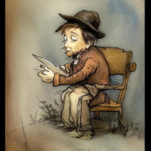 Prompt: a muted color watercolor sketch of a little person story book character ifrom the book Baltimore & Redingote by Jean-Baptiste Monge of an old man in the style of by Jean-Baptiste Monge that looks like its by Jean-Baptiste Monge and refencing Jean-Baptiste Monge