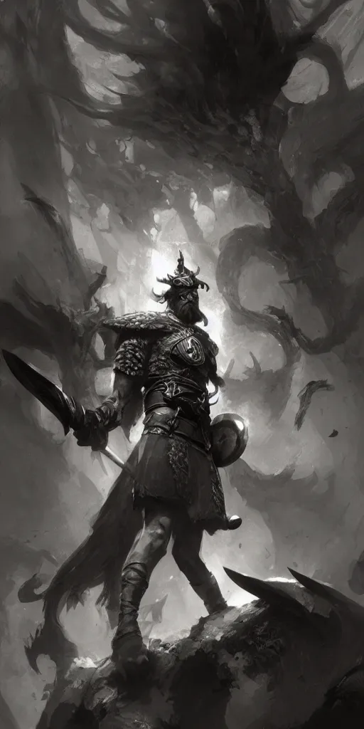 Image similar to highly detailed beautiful black and white photography of a viking, sharp focus, dynamic lighting, warhammer, elegant harmony, beauty, masterpiece, by riccardo federici, by craig mullins, by greg tocchini, by greg rutkowski
