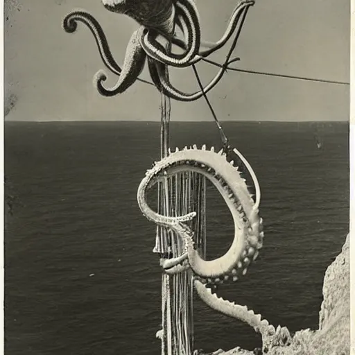 Prompt: giant octupus performing on a circus, 1 9 2 0, vintage photography, colored, realistic