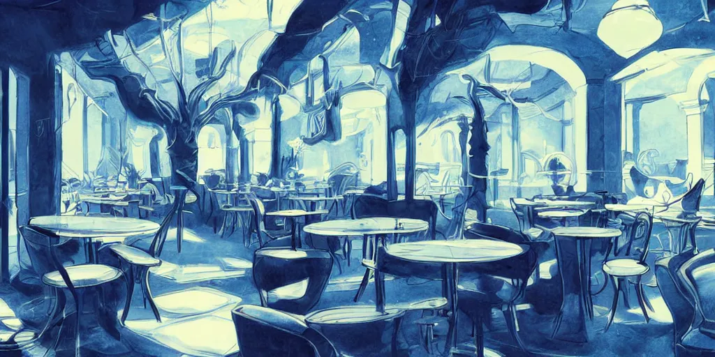 Image similar to cafe interior, blue and black tones, fantasy art, 2 d game art