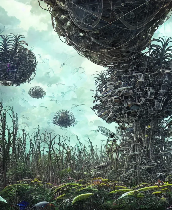 Prompt: a giant weird industrial plant hive made out of isopod dragonflies, in the style of a strange asymmetrical spaceship, overgrown with disturbing orchids, godbeams, partly cloudy, somber, dramatic lighting, by dan mumford, yusuke murata, makoto shinkai, ross tran, cinematic, unreal engine, cel shaded, featured on artstation, pixiv