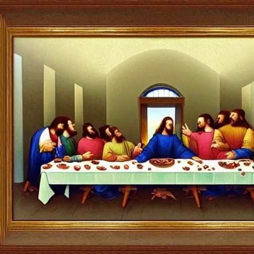 Image similar to A beautiful painting of the Last Supper, with Jesus and his disciples replaced by various animals. The painting is set in a forest, with a deer at the head of the table and a squirrel and rabbit to either side. clockpunk, crayon art by Hiroshi Yoshida, by Iryna Yermolova, by Catherine Hyde 3d render