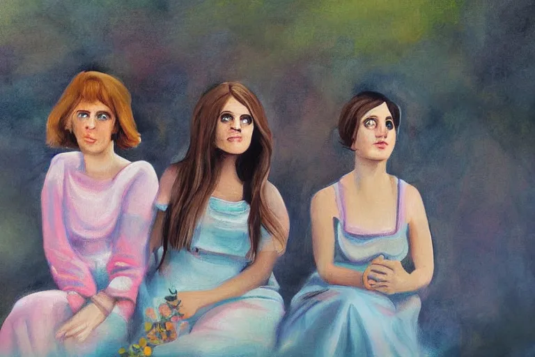 Image similar to beautiful painting of friends, beautiful faces, sitting on the edge, cute, soft light, digital painting by diane arbus