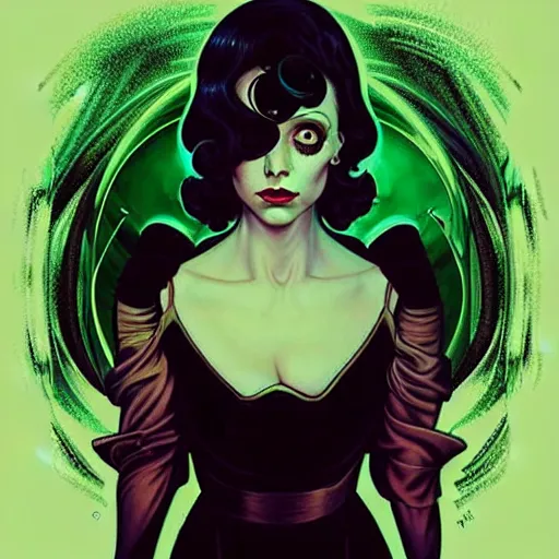 Prompt: in the style of joshua middleton, beautiful alison brie magician, black magic spells, full body green dress, creepy pose, bioshock, spooky, symmetrical face symmetrical eyes, three point lighting, detailed realistic eyes, aquapunk, insanely detailed and intricate elegant, artgerm, underwater home