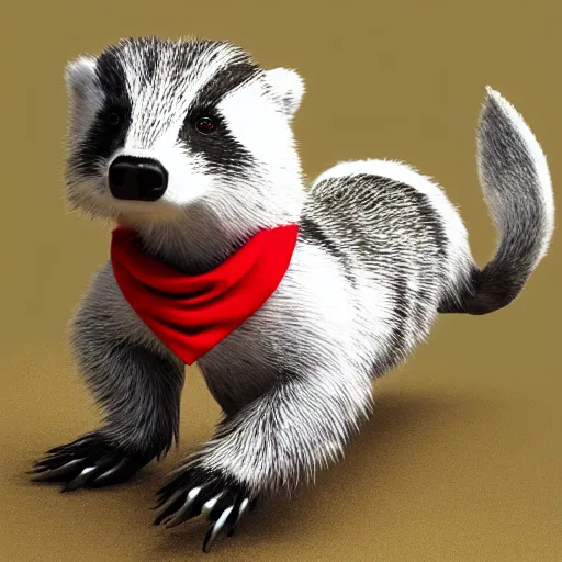 Image similar to a humanoid friendly badger on white background, he‘s running towards the camera, he‘s wearing a very small red neckerchief, digital render