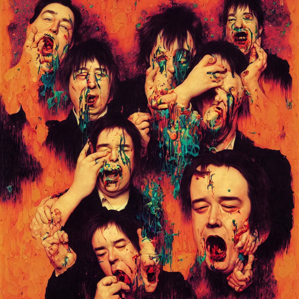 Image similar to weird and disturbing portrait of bill hicks and mike patton puking blood, vivid colors, happy, neon, art by ( ( ( kuvshinov ilya ) ) ) and wayne barlowe and gustav klimt and artgerm and wlop and william - adolphe bouguereau