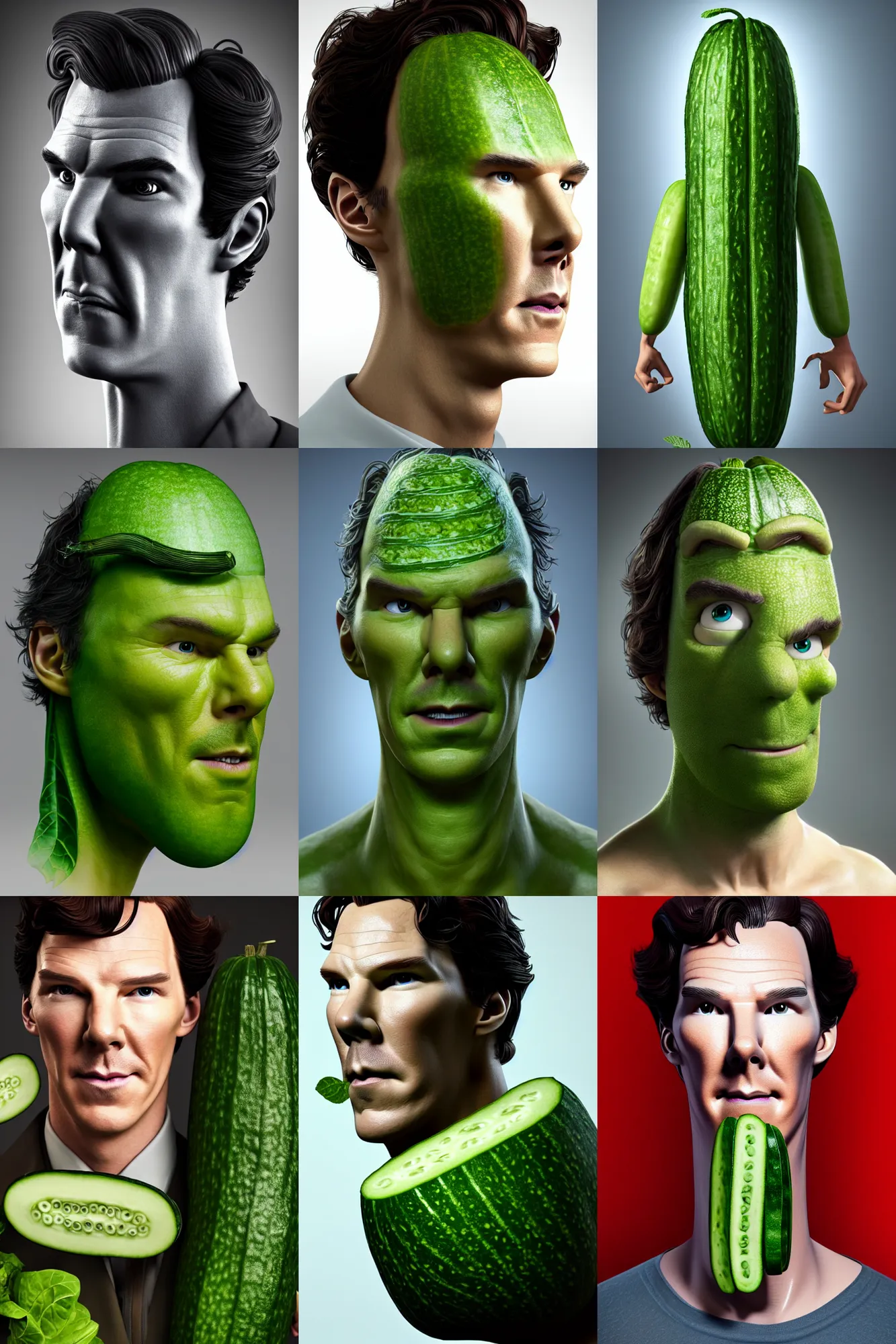 Prompt: a full character portrait of benedict cumberbatch merged with a cucumber, the pixar adaptation, with cucumber leaves as hair, ef 8 5 mm f 1. 8 usm, bionic scifi alexandre ferra, hyper detailed, digital art, trending in artstation, cinematic lighting, studio quality, smooth render, unreal engine 5 rendered, octane rendered