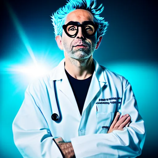 Image similar to portrait of rick sanchez, lab coat and tee shirt, lens flare, atmosphere, glow, detailed, intricate, full of colour, cinematic lighting, 4 k, hyperrealistic, focused, extreme details, cinematic, masterpiece