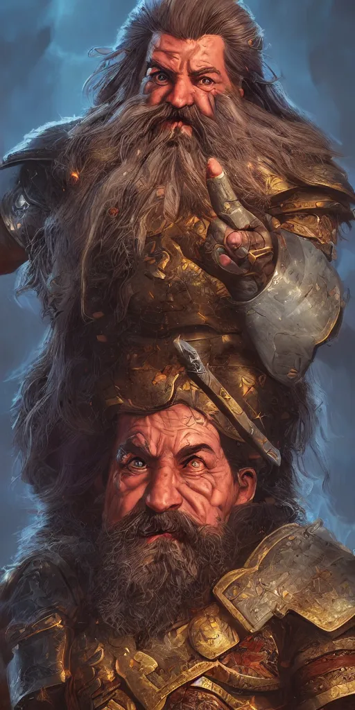 Image similar to A fantasy comic book style portrait painting of a dwarf warrior in a stunning fantasy landscape, unreal 5, DAZ, hyperrealistic, octane render, RPG portrait, dynamic lighting