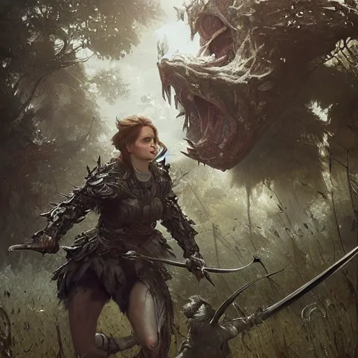 Prompt: portait of a heavily armoured emma watson swinging her long sword forest monster, front game card, drark, marvel comics, dark, intricate, highly detailed, smooth, artstation, digital illustration by ruan jia and mandy jurgens and artgerm and wayne barlowe and greg rutkowski and zdislav beksinski