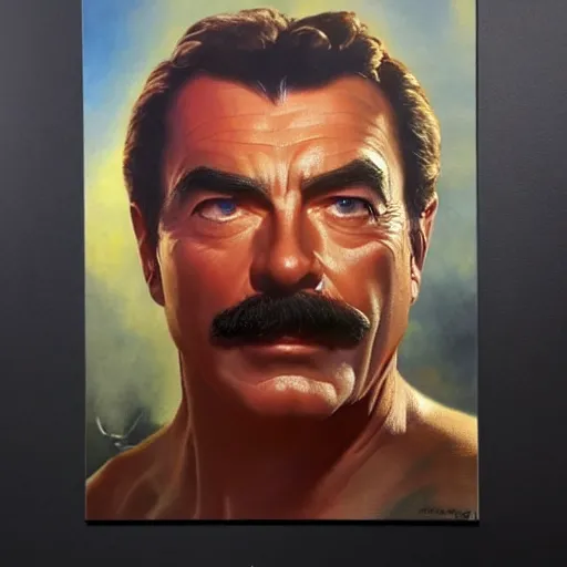 Image similar to ultra realistic portrait painting of tom selleck as sphynx, art by frank frazetta, 4 k, ultra realistic, highly detailed, epic lighting