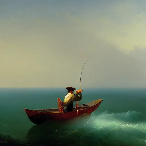 Image similar to detailed painting of a man fishing on a small boat in the ocean by Ivan Aivazovsky, 4k details