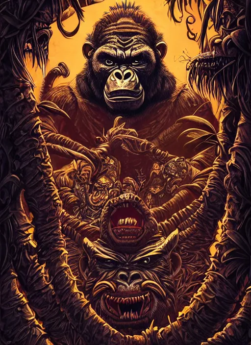 Image similar to barong family member, wiwek, mara demon, lizard tongue, one single tribe member, jungle, one single mask, dark, ancient warrior, gorilla, tribals, art by dan mumford and justin gerard