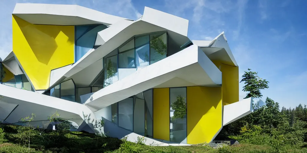 Image similar to large futuristic residence, cascadian, white concrete, large blue and green windows, yellow and green metal, triangular elements