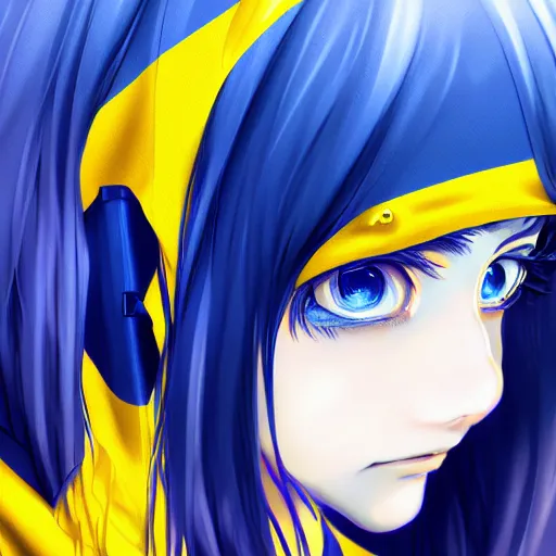 Image similar to a portrait of anime ukrainian blue and yellow girl, scared and crying, concept art, trending on artstation, highly detailed, intricate, sharp focus, digital art, 8 k