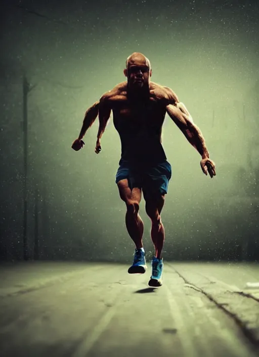 Image similar to photorealistic a human being in muscle running in the middle of the night horror practical fx cinematographic