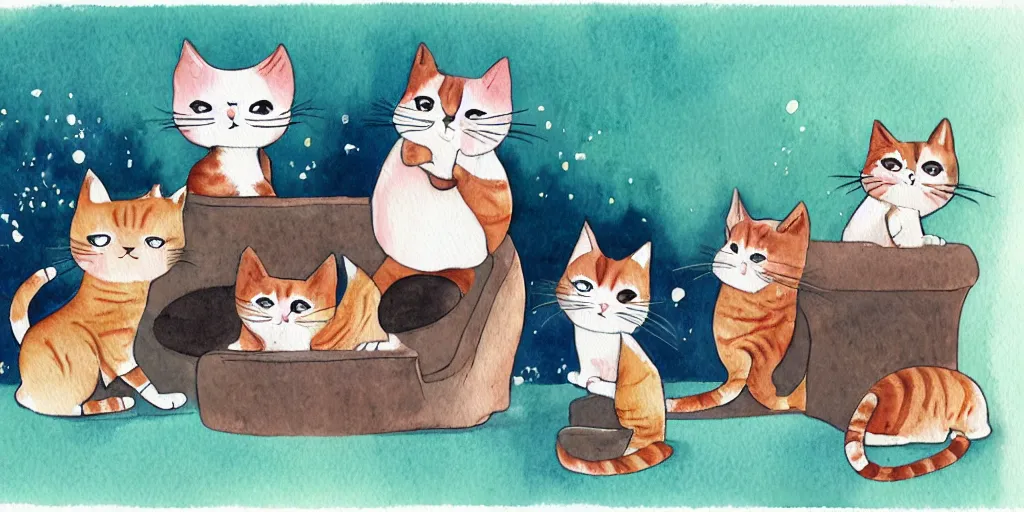 Image similar to watercolor illustration style, cute cats training in cat gym club